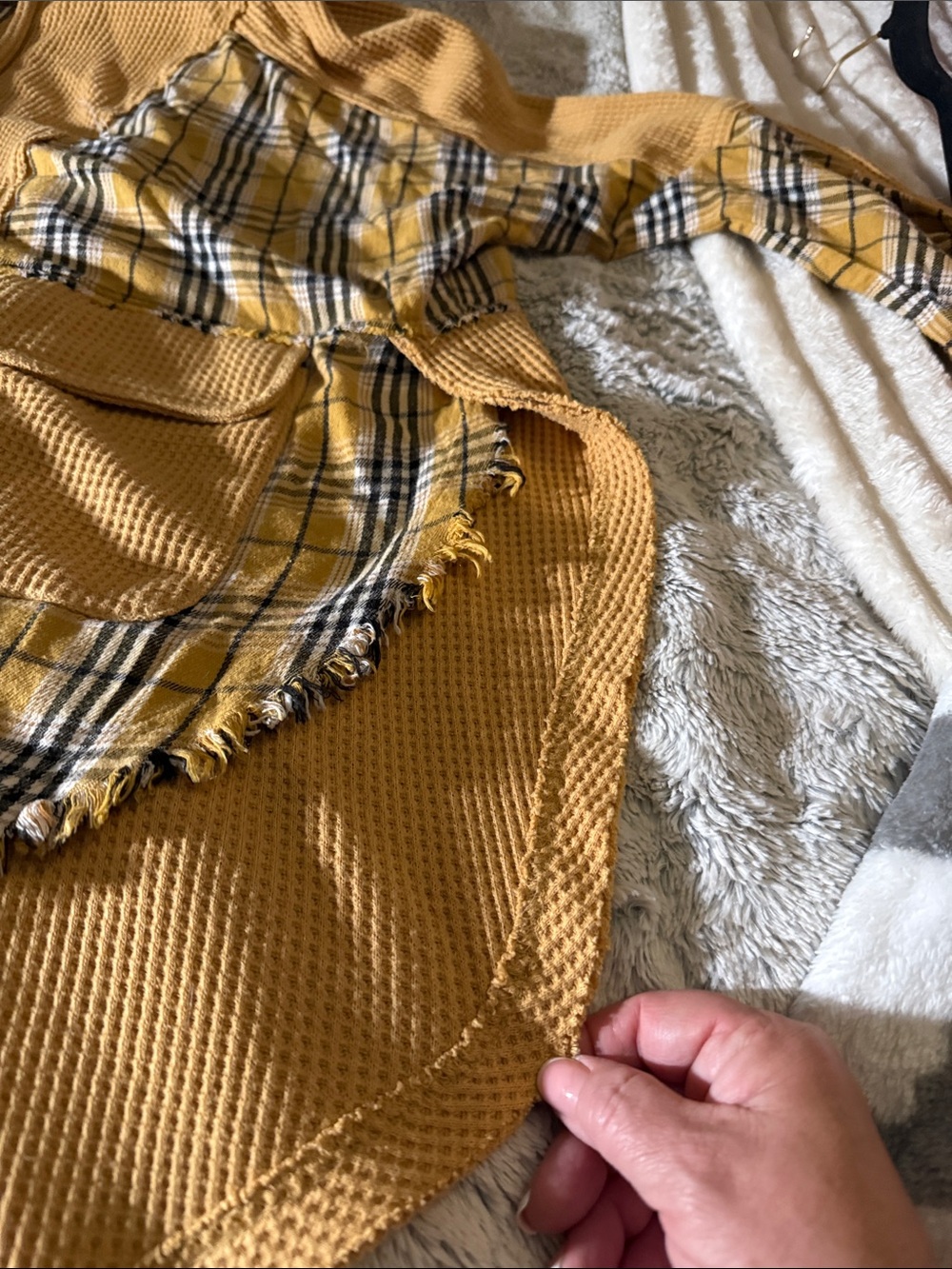 Oli & Hali Mustard Yellow Waffle-Knit Hoodie with Plaid Panels - Picture 3 of 6